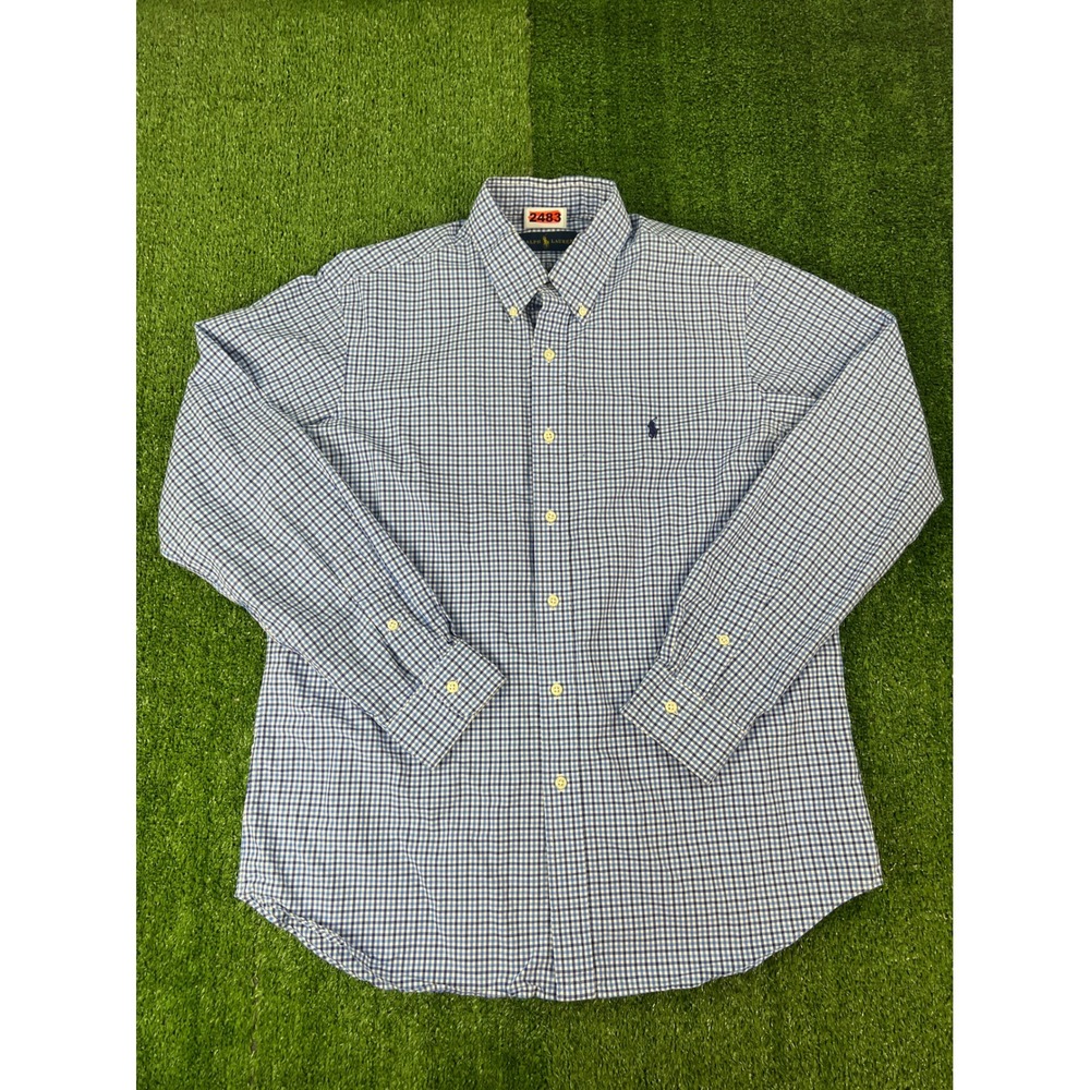 Ralph Lauren Mens Large Blue Gingham Check Button Down Shirt Long Sleeve Cotton